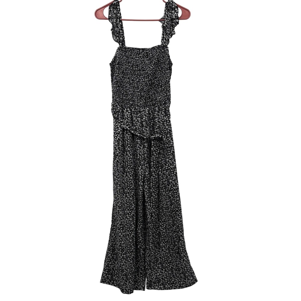 SHEIN Black Floral Smocked Wide Leg Jumpsuit Ruffle Strap Casual Size Large,‎ L